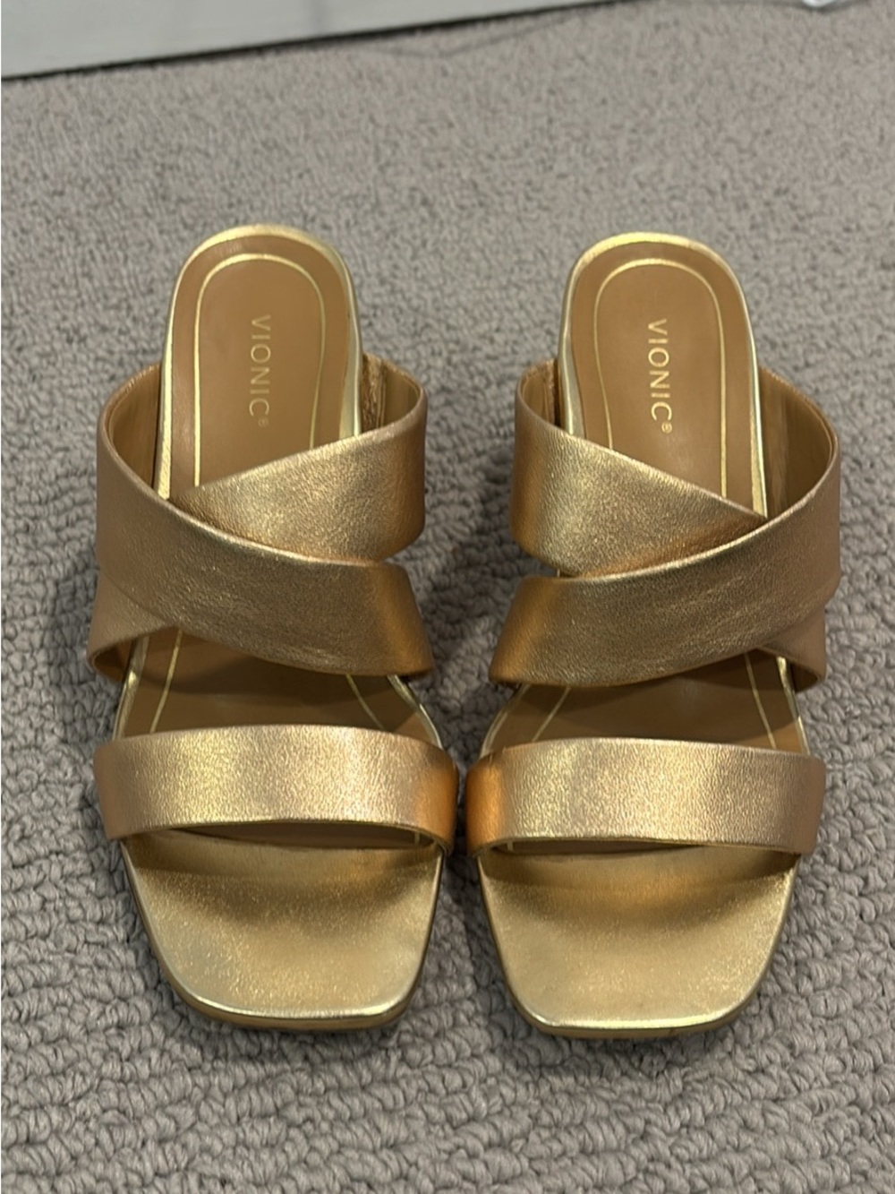 Vionic Metallic Gold Crisscross Slide Mules